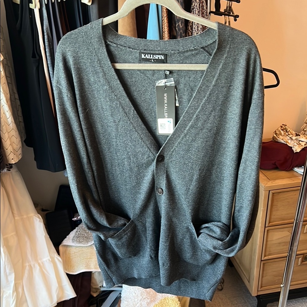 Gray Kallspin Cardigan Sweater with Relaxed Fit